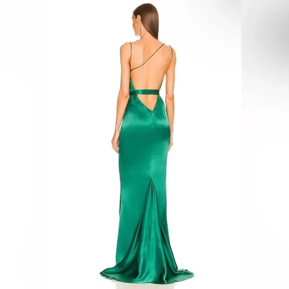 Michael Costello x REVOLVE Tonya Gown Green satin dress slip train evening S